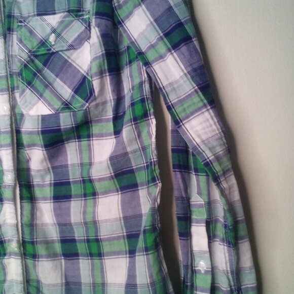 Derek Heart Button Front Shirt Women S Long Sleeve Roll Tab Pockets Plaid Green - Picture 8 of 14
